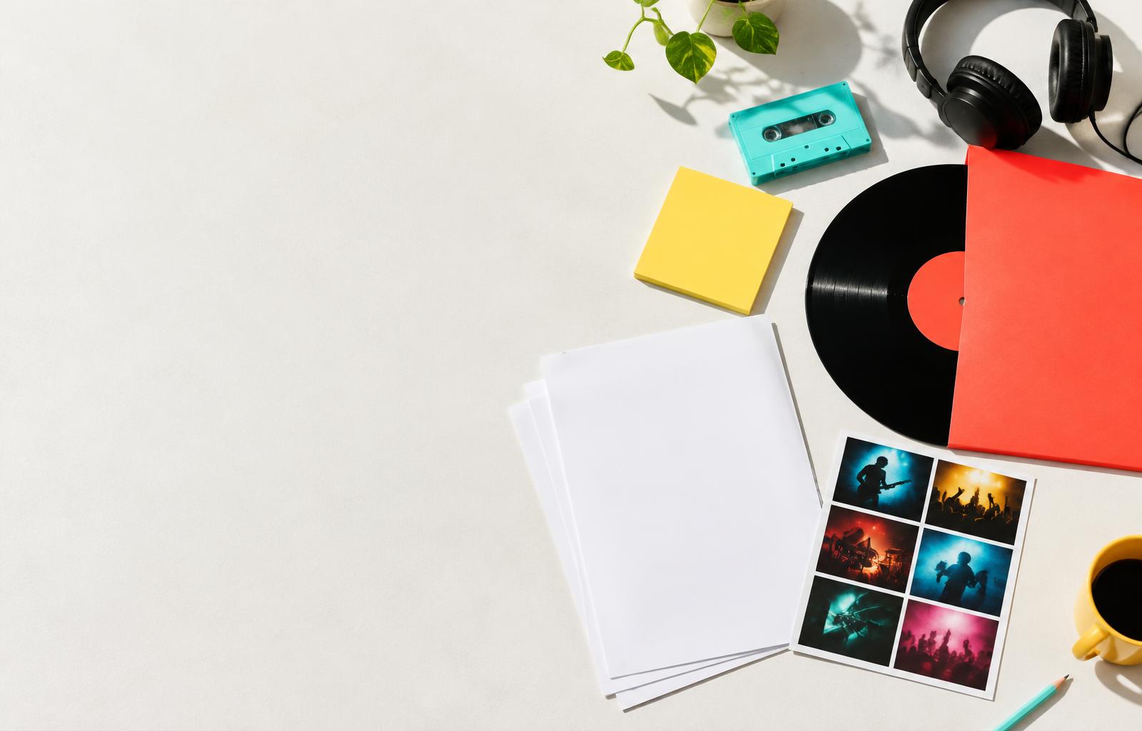Vinyl, headphones, a mint cassette and live music photographs on a musician’s desk